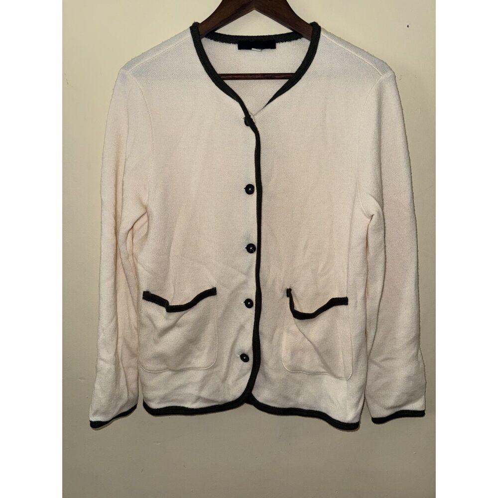 Wyeth Cream Merino Wool Knit Cardigan Trimmed Button Front Pocket Sweater S